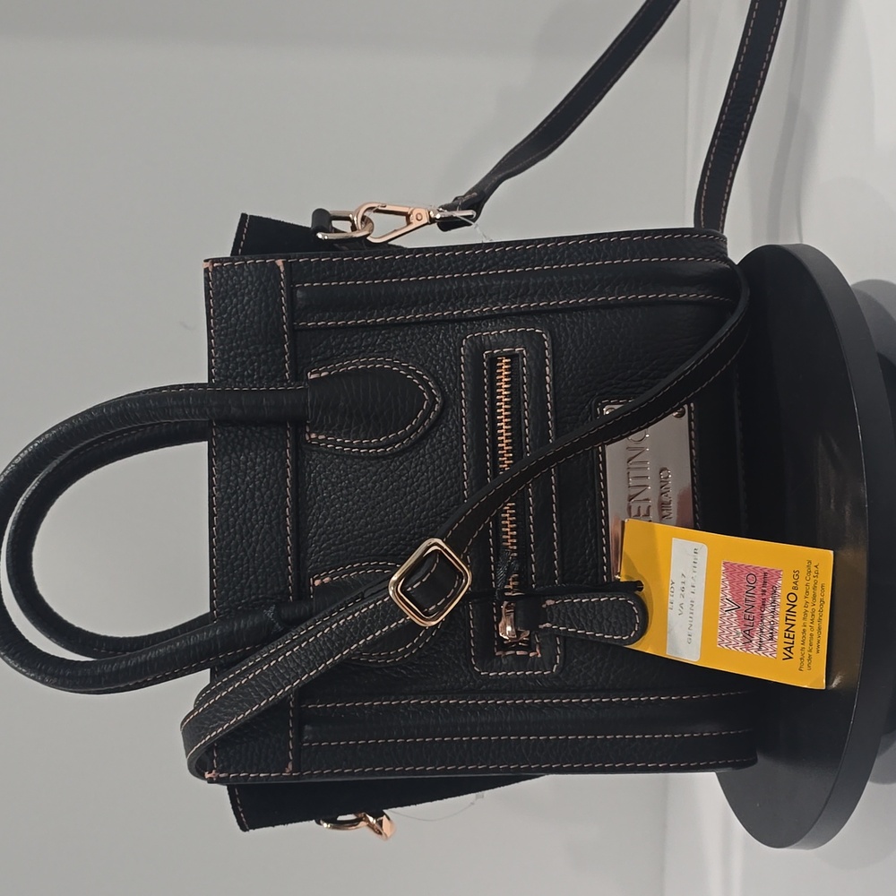 SALE! ✅ Valentino LEIDY Leather Contrast Stitching Bag BLACK✨ NWT + DUST BAG